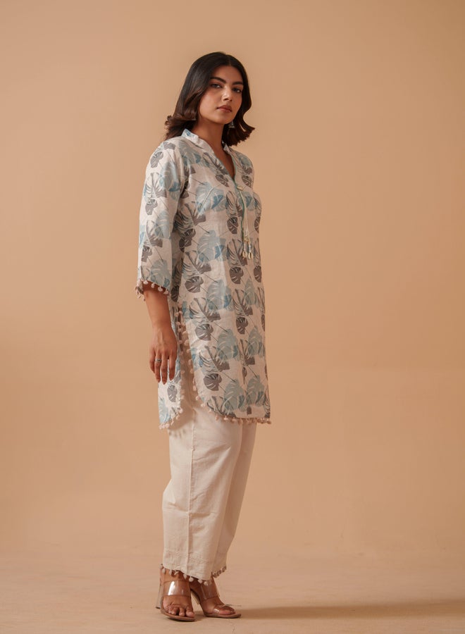 DW Floral Printed Mandarin Collar Pure Cotton Tunic with Trousers Co-Ords - Image 4