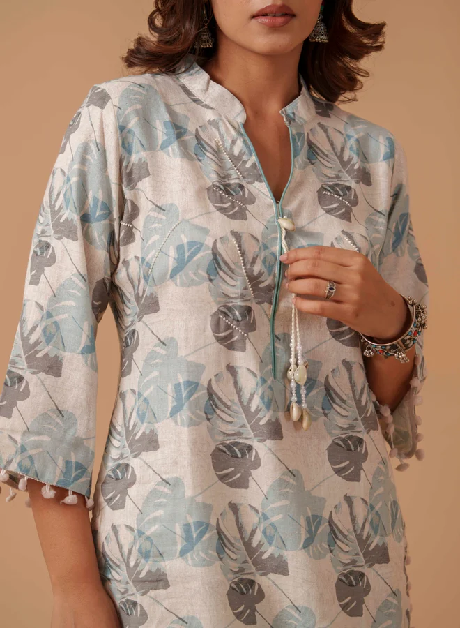 DW DW Floral Printed Mandarin Collar Pure Cotton Tunic with Trousers Co-Ords