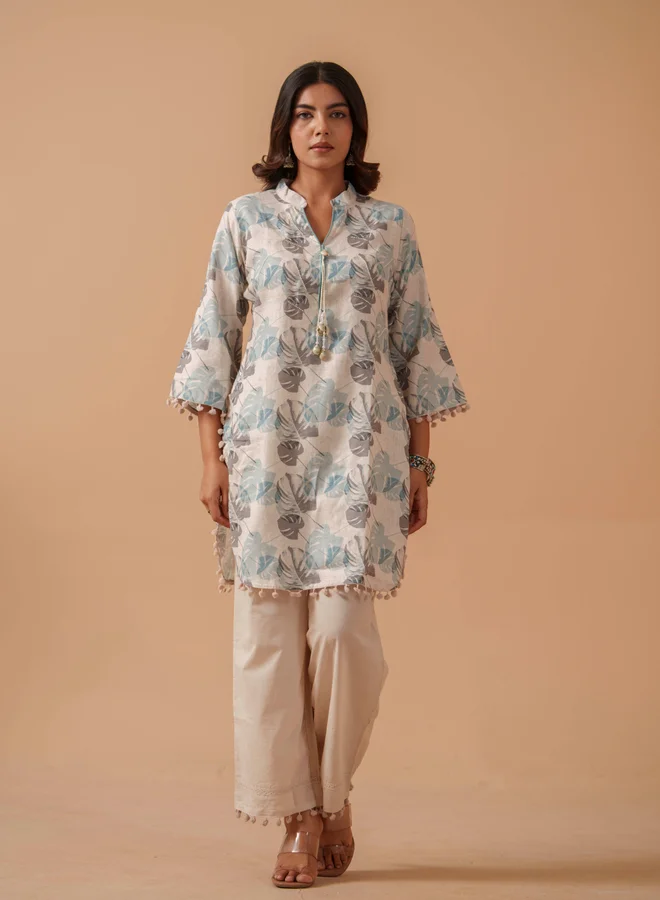 DW DW Floral Printed Mandarin Collar Pure Cotton Tunic with Trousers Co-Ords