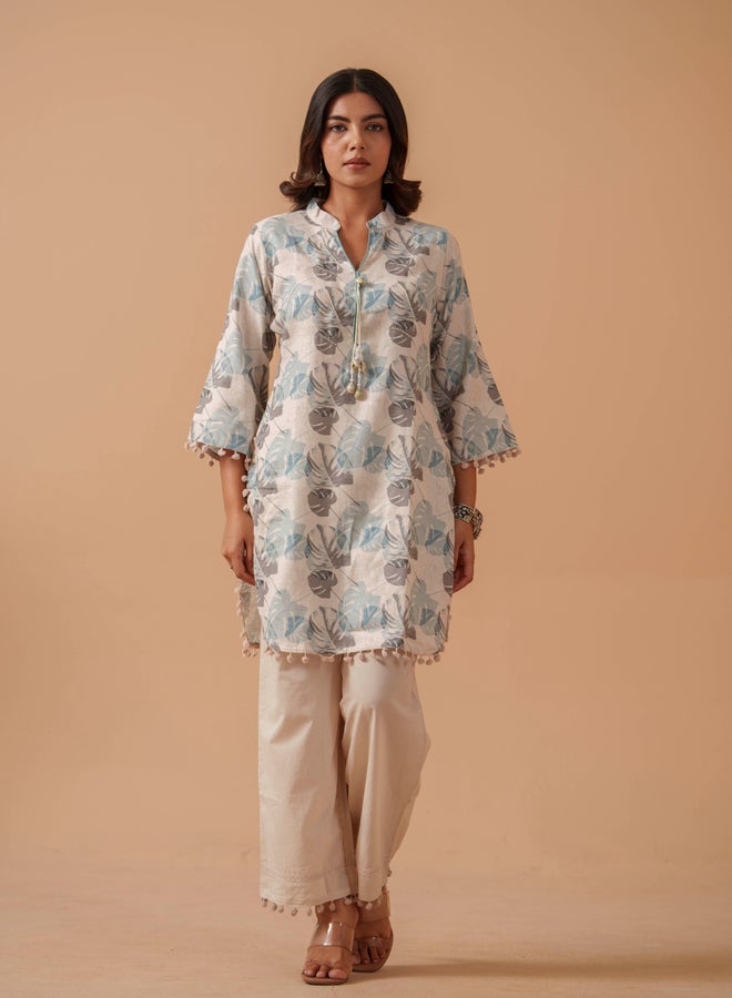 DW Floral Printed Mandarin Collar Pure Cotton Tunic with Trousers Co-Ords - Image 1