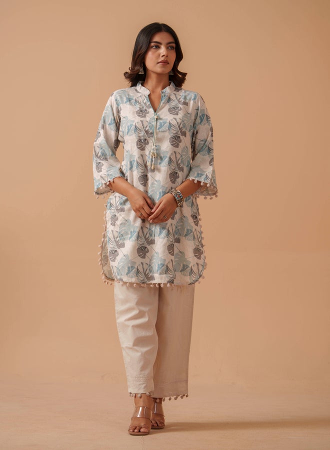 DW Floral Printed Mandarin Collar Pure Cotton Tunic with Trousers Co-Ords - Image 5