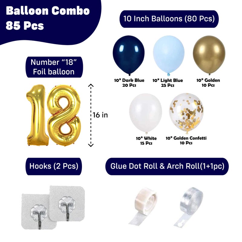 Party Propz 18th Birthday Decoration Items 85 Pcs for Blue and Gold Theme Combination for Boys Girls | 80 Pcs Balloons |Gold Banner | Arch Tape | Glue Dots - Image 2