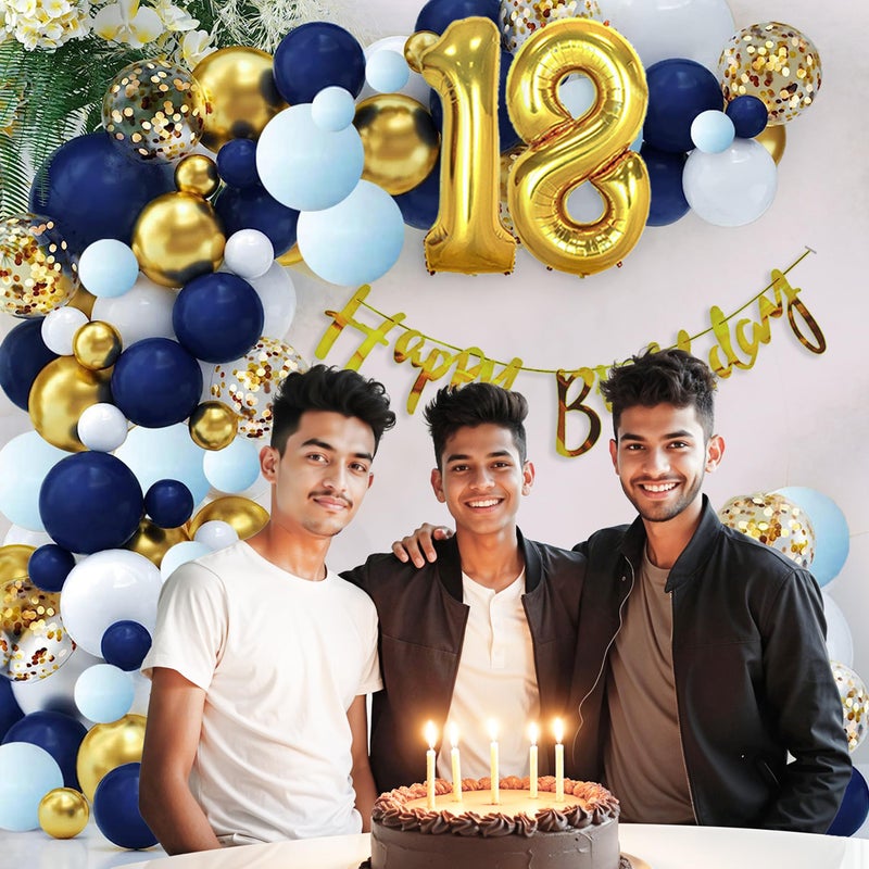 Party Propz 18th Birthday Decoration Items 85 Pcs for Blue and Gold Theme Combination for Boys Girls | 80 Pcs Balloons |Gold Banner | Arch Tape | Glue Dots - Image 4