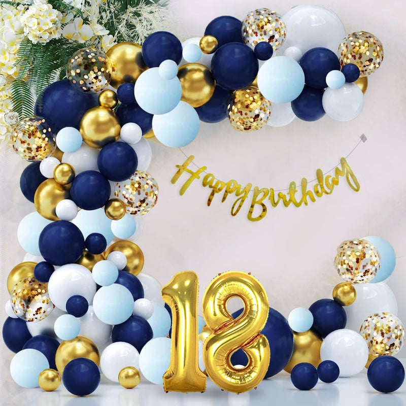Party Propz 18th Birthday Decoration Items 85 Pcs for Blue and Gold Theme Combination for Boys Girls | 80 Pcs Balloons |Gold Banner | Arch Tape | Glue Dots - Image 1