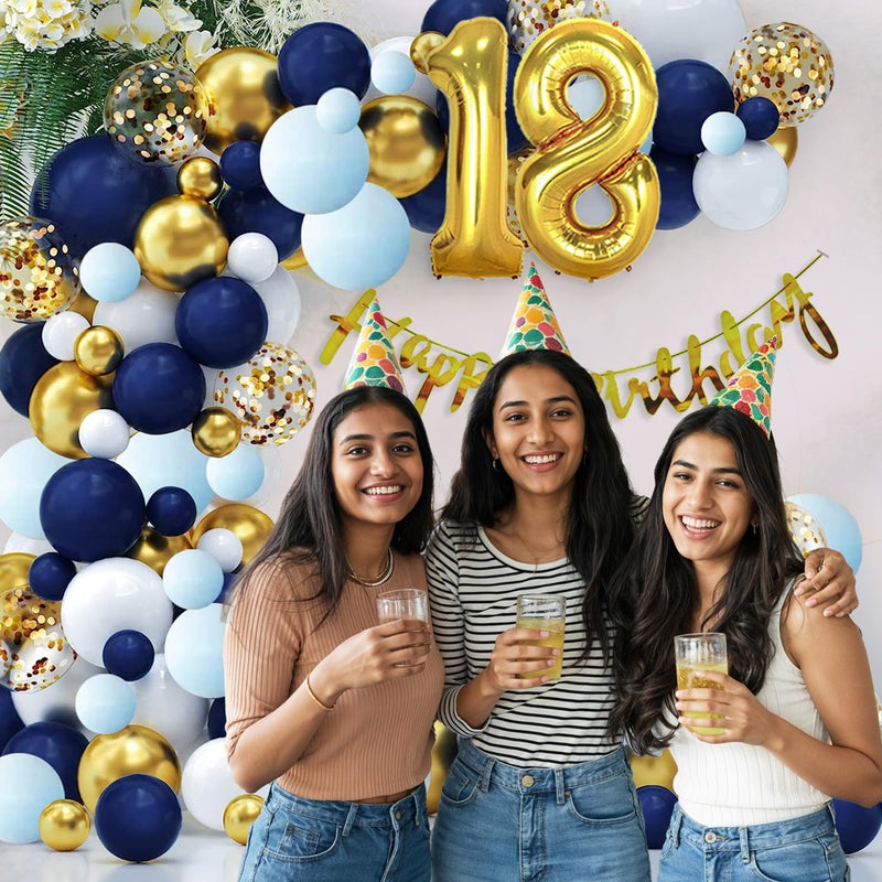 Party Propz 18th Birthday Decoration Items 85 Pcs for Blue and Gold Theme Combination for Boys Girls | 80 Pcs Balloons |Gold Banner | Arch Tape | Glue Dots - Image 5