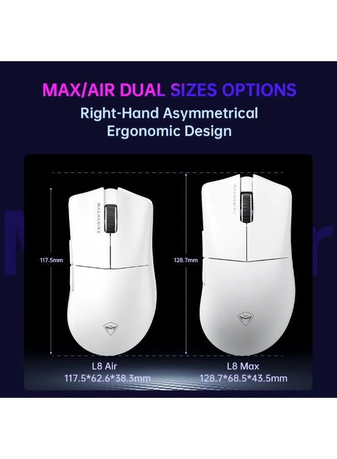 ماكينيك ماوس الألعاب اللاسلكي Machenike L8 MAX - دقة 26000 DPI ومعدل تحديث 1000 هرتز ومستشعر PAW3395 - مع قاعدة شحن بإضاءة RGB - يدعم الاتصال عبر البلوتوث (BT) وتردد 2.4 جيجاهرتز وUSB-C - مناسب لأجهزة الكمبيوتر وXbox وPS وMac (اللون: أبيض) - Image 4