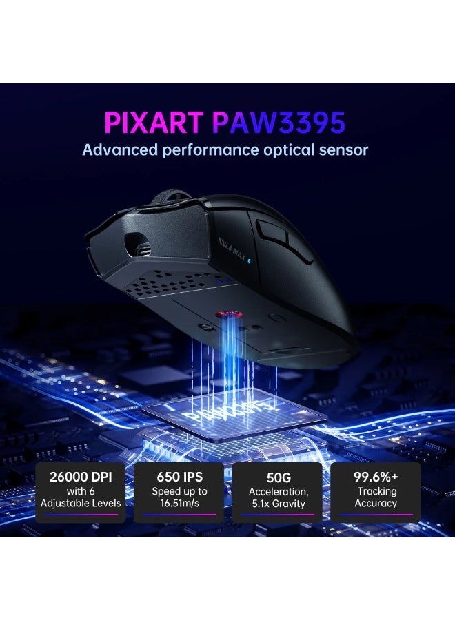 ماكينيك ماوس الألعاب اللاسلكي Machenike L8 MAX - دقة 26000 DPI ومعدل تحديث 1000 هرتز ومستشعر PAW3395 - مع قاعدة شحن بإضاءة RGB - يدعم الاتصال عبر البلوتوث (BT) وتردد 2.4 جيجاهرتز وUSB-C - مناسب لأجهزة الكمبيوتر وXbox وPS وMac (اللون: أبيض) - Image 3