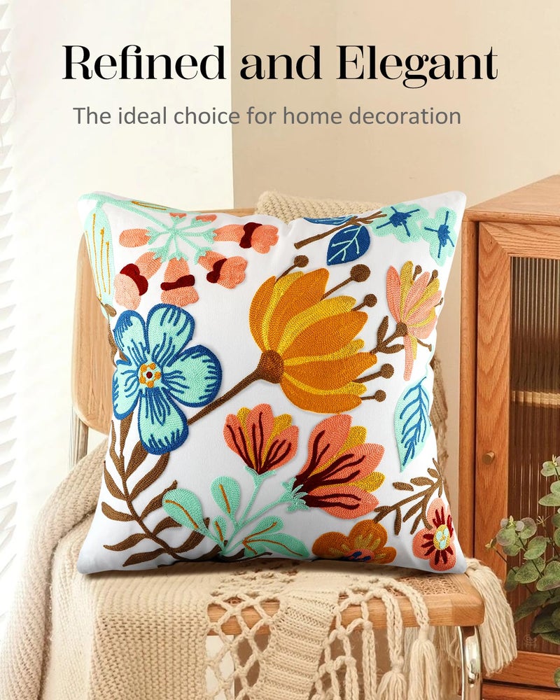 Kokaaee Embroidered Throw Pillow Cover - 18x18 Decorative Pillow Cover with Zipper Aesthetic Cute Design Boho Spring Summer Cozy Throw Pillowcase for Living Room Couch Sofa Bed, Elegant Flowers - Image 5