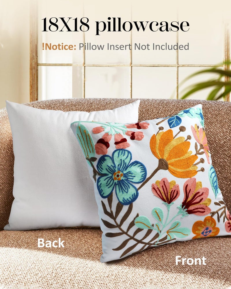 Kokaaee Embroidered Throw Pillow Cover - 18x18 Decorative Pillow Cover with Zipper Aesthetic Cute Design Boho Spring Summer Cozy Throw Pillowcase for Living Room Couch Sofa Bed, Elegant Flowers - Image 4