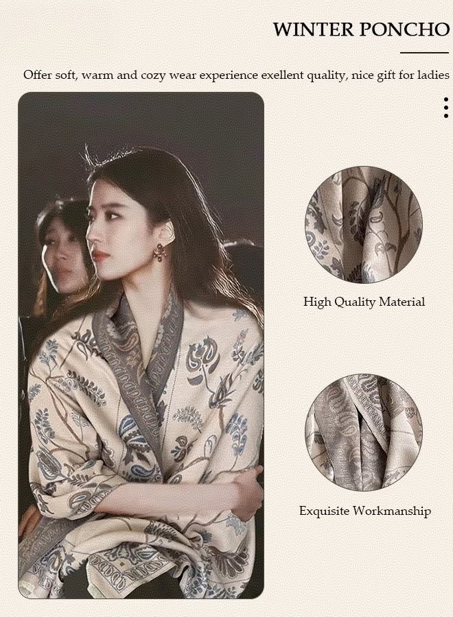 آي إس آي شال نسائي بلونين، 60 * 185 سم شال كشمير، وشاح لف لفستان السهرة، بطانية وشاح شتوية سميكة دافئة محبوكة، رداء بونشو مفتوح من الأمام للسفر وحفلات الزفاف والمنزل والمكتب - Image 2
