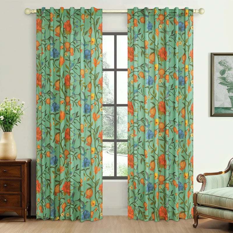 JOOJA Bird Floral Curtains 2 Panels 84 Inches Long Vintage Boho Patterned Green Whimsical Living Room Colorful Linen Blend Printed Window Curtains for Bedroom Kitchen - Image 1