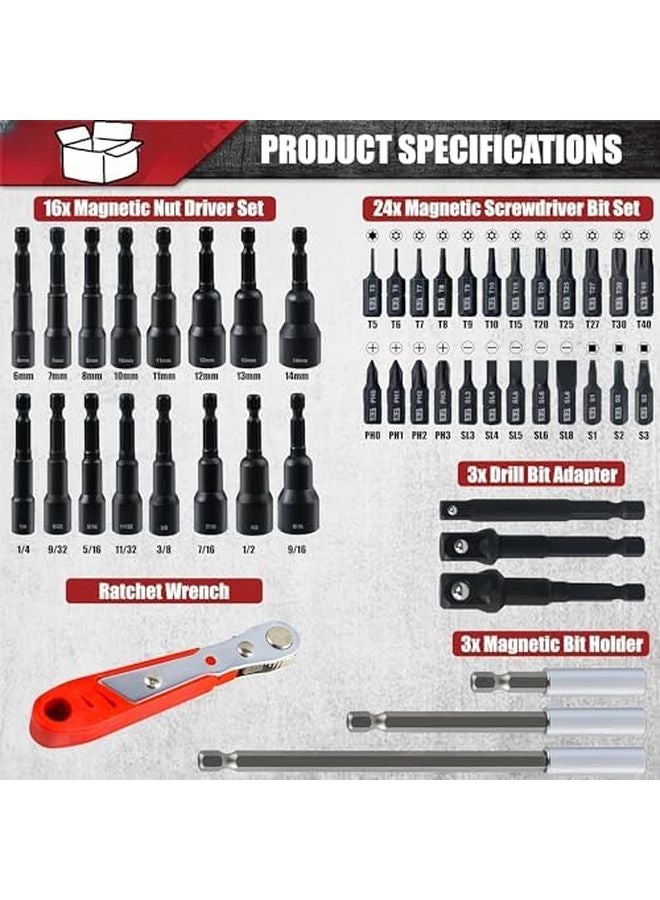 47 Piece Magnetic Nut Driver and Screwdriver Bit Set SAE and Metric 1 4 Inch Hex Shank - Image 3