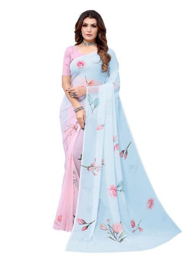 Satrani Women'S Georgette Digital Printed (Floral Print) Saree With Unstitched Blouse Piece(2658S220N_Light Blue & Light Pink) - Image 1