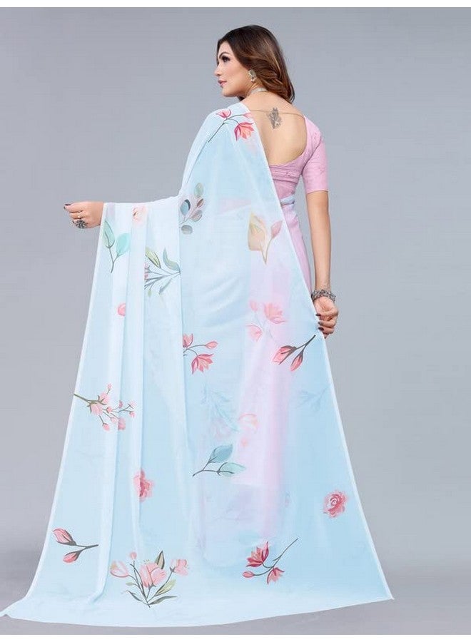 Satrani Women'S Georgette Digital Printed (Floral Print) Saree With Unstitched Blouse Piece(2658S220N_Light Blue & Light Pink) - Image 4