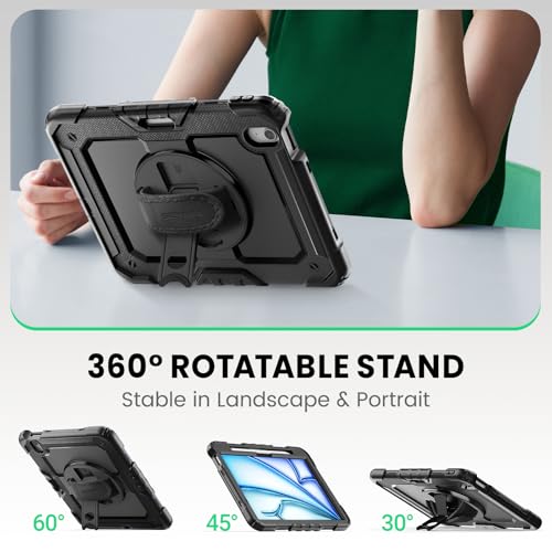 SEYMAC Case for iPad Air 11 Inch M3 2025/M2 2024 (Air 7th/6th Generation), Heavy Duty Shockproof Protective Case with Screen Protector, Rotating Stand and Hand/Shoulder Strap, Black - Image 4