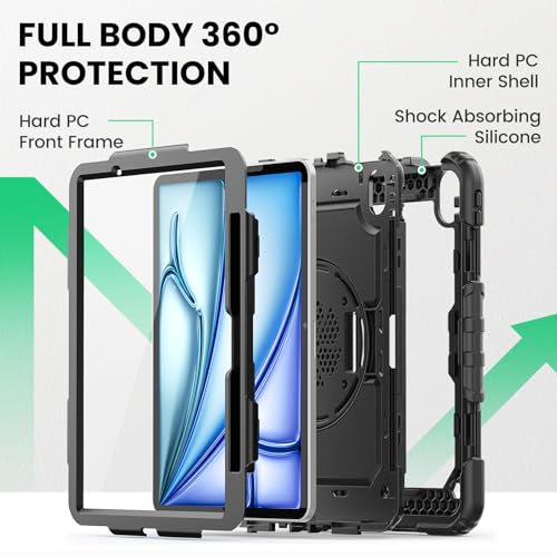 SEYMAC Case for iPad Air 11 Inch M3 2025/M2 2024 (Air 7th/6th Generation), Heavy Duty Shockproof Protective Case with Screen Protector, Rotating Stand and Hand/Shoulder Strap, Black - Image 5