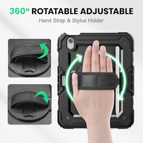 SEYMAC Case for iPad Air 11 Inch M3 2025/M2 2024 (Air 7th/6th Generation), Heavy Duty Shockproof Protective Case with Screen Protector, Rotating Stand and Hand/Shoulder Strap, Black - Image 3