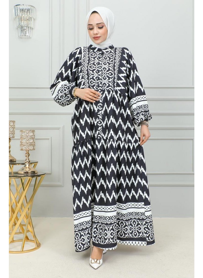 Sefa Merve - Digital Printed Hijab Dress 0300-03 Black - Image 1