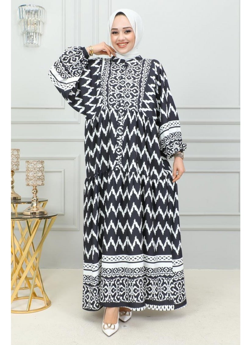 Sefa Merve - Digital Printed Hijab Dress 0300-03 Black - Image 1