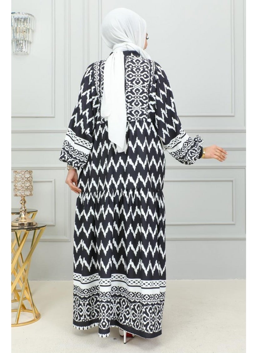 Sefa Merve - Digital Printed Hijab Dress 0300-03 Black - Image 1