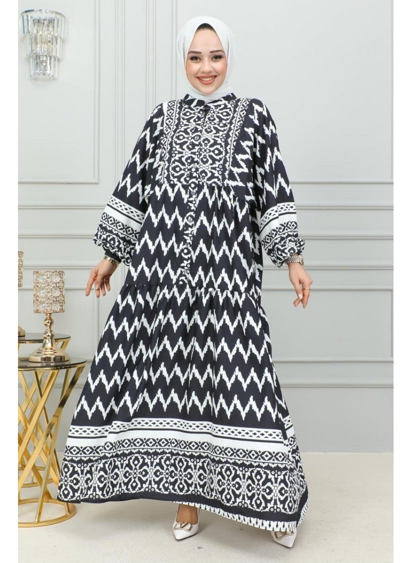 Sefa Merve - Digital Printed Hijab Dress 0300-03 Black - Image 1