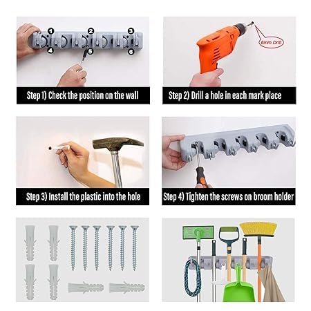 SHAPAT Plastic MopBroom Holder5 Position with 6 Hooks Garage Wall Mount Storage Holds Up to 11 Tools Hanging ShelvesGarage Storage Systems for Garage Shelving Ideas - Image 4