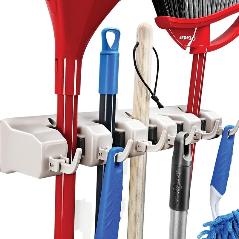 SHAPAT Plastic MopBroom Holder5 Position with 6 Hooks Garage Wall Mount Storage Holds Up to 11 Tools Hanging ShelvesGarage Storage Systems for Garage Shelving Ideas - Image 1