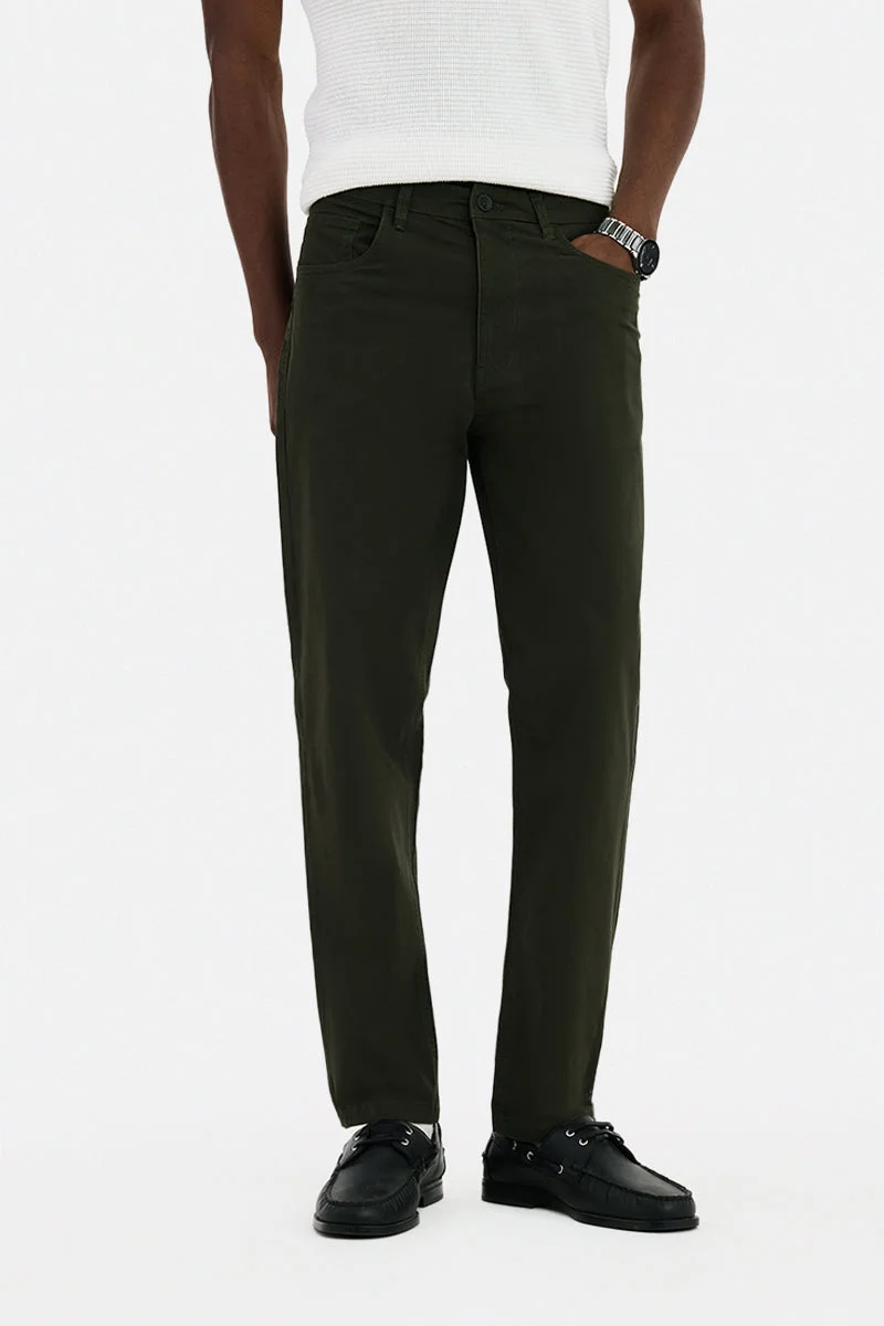SNITCH Olive Solid Slim Fit Chinos