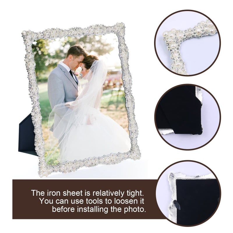 DIKAR 8x10 Picture Frame with Pearl for Wedding, Silver Plated with HD Acylic Finish Photo Frames with Rhinestones for Horizontal and Vertical Decor Tabletop Display - Image 4