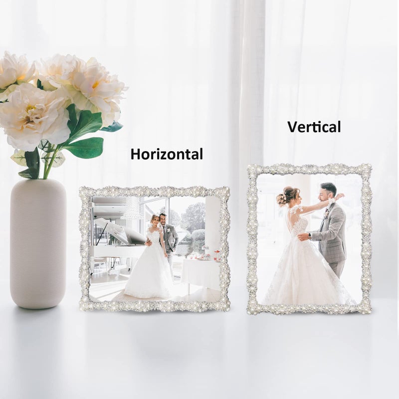 DIKAR 8x10 Picture Frame with Pearl for Wedding, Silver Plated with HD Acylic Finish Photo Frames with Rhinestones for Horizontal and Vertical Decor Tabletop Display - Image 5