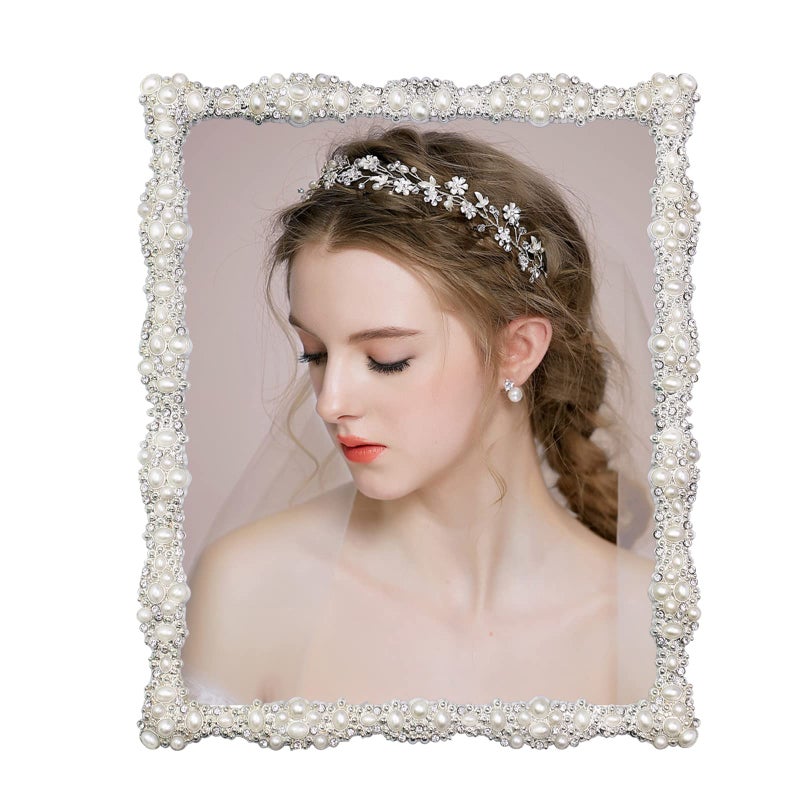 DIKAR 8x10 Picture Frame with Pearl for Wedding, Silver Plated with HD Acylic Finish Photo Frames with Rhinestones for Horizontal and Vertical Decor Tabletop Display - Image 1