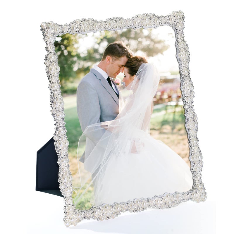 DIKAR 8x10 Picture Frame with Pearl for Wedding, Silver Plated with HD Acylic Finish Photo Frames with Rhinestones for Horizontal and Vertical Decor Tabletop Display - Image 2