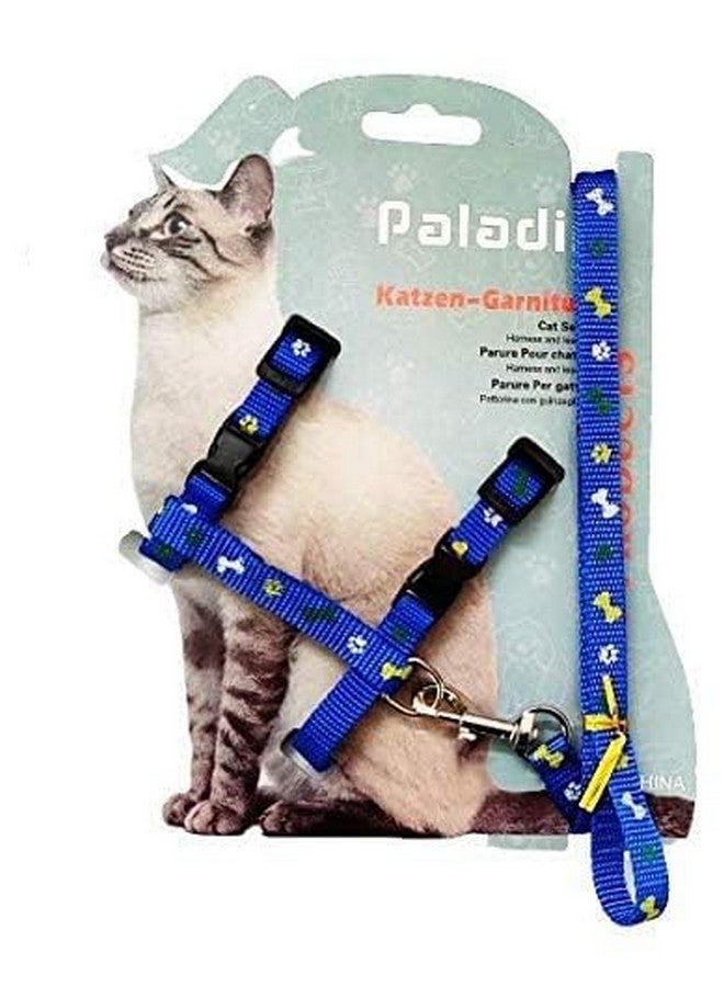 Nylon Harness Strap Printed Collar With Leash And Adjustable Hook Body Harness Set For Cats And Kitten Outdoor Walking & Training (Blue) - Image 1