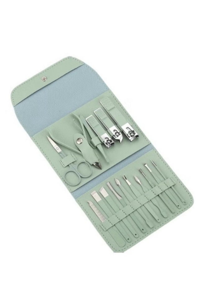 Generic Nail Clippers and Beauty Tool Portable Set, Light Green Stainless Steel Manicure Set 16 in 1, with Green Leather Bag, Suitable for Home, Workplace, Outdoor Travel, Gift Giving, Salon  - Image 1