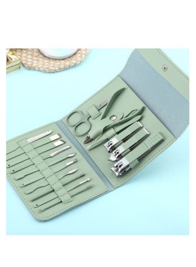Generic Nail Clippers and Beauty Tool Portable Set, Light Green Stainless Steel Manicure Set 16 in 1, with Green Leather Bag, Suitable for Home, Workplace, Outdoor Travel, Gift Giving, Salon  - Image 3