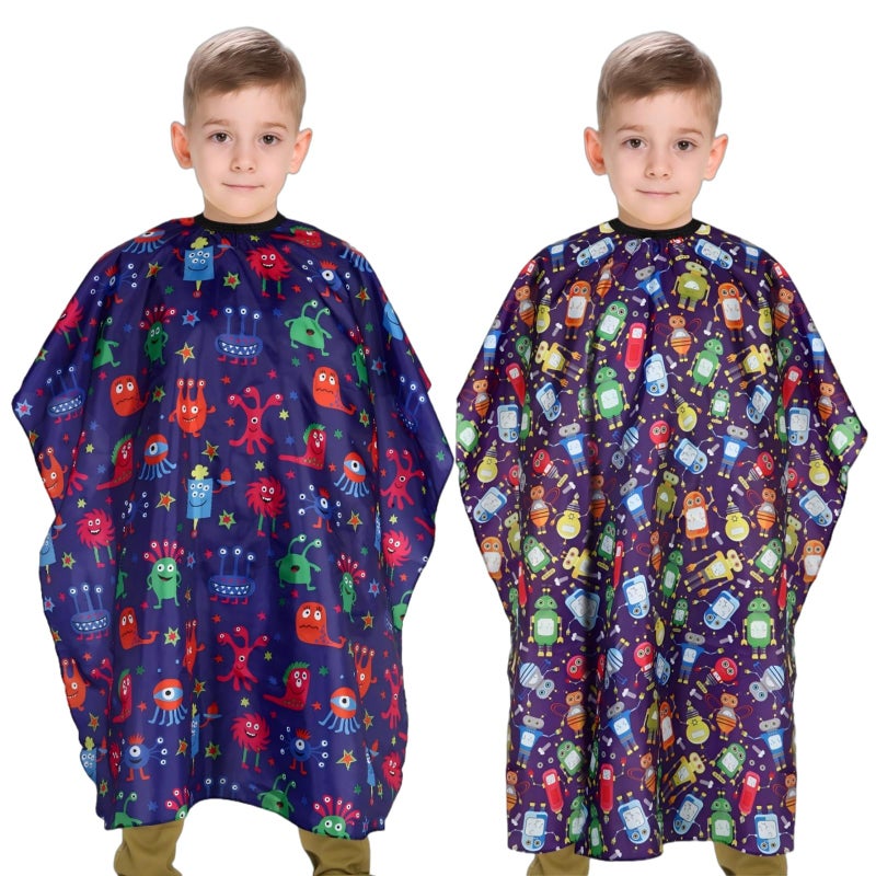 YELEGAI Kids Hair Cutting Cape (2 Pack) Professional Children Salon Barber Apron for Boys and Girls (Cartoon Robot & Cartoon Monster) - Image 1