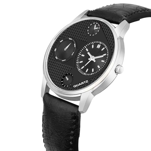 Acnos Slimline Black Dial Silver Case Black Leather Belt Analogue Watch for Men Boys Pack of 1 - Image 2