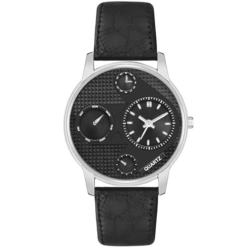 Acnos Slimline Black Dial Silver Case Black Leather Belt Analogue Watch for Men Boys Pack of 1 - Image 1