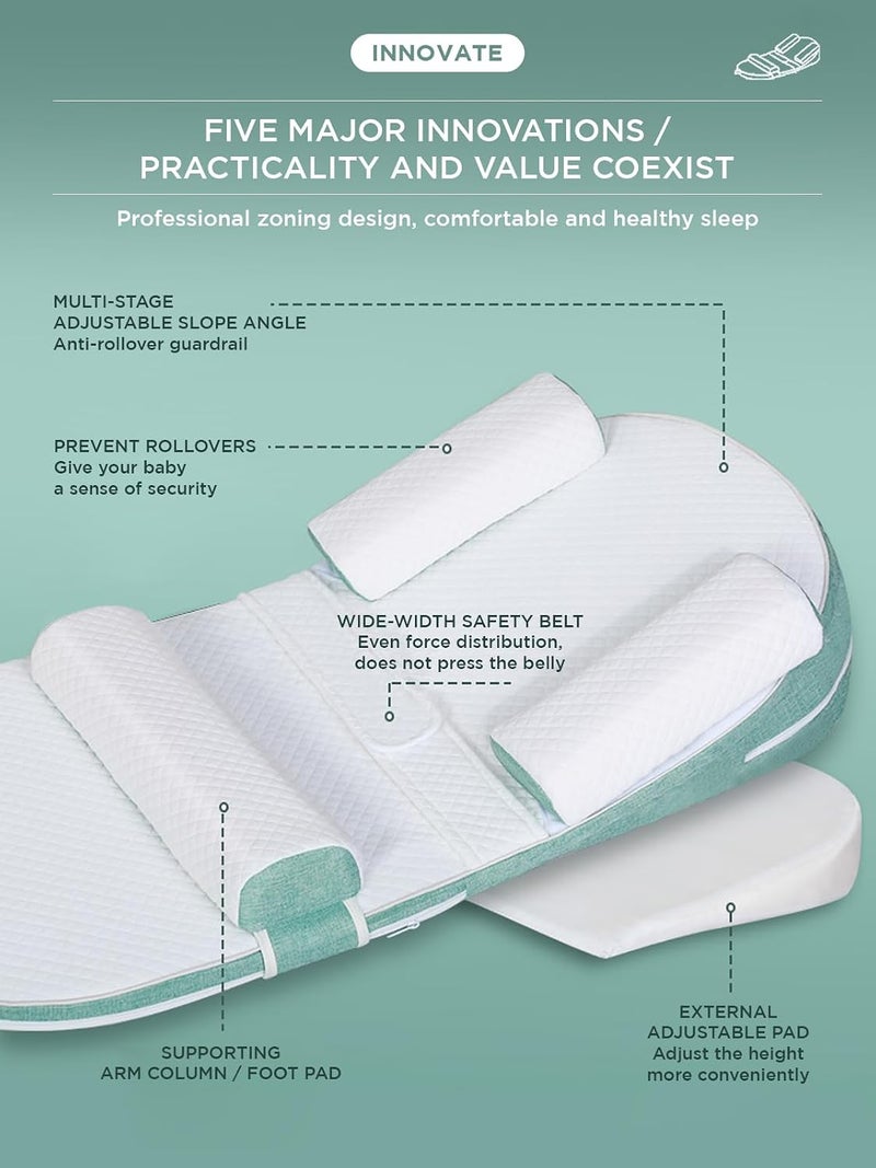 Baby Lounger – Adjustable 0-30° Baby Sleeping Nest & Anti-Reflux Pillow | Travel Crib for Newborns & Infants | Relieves Vomiting Milk | Washable & Breathable Fabric (Green) - Image 3
