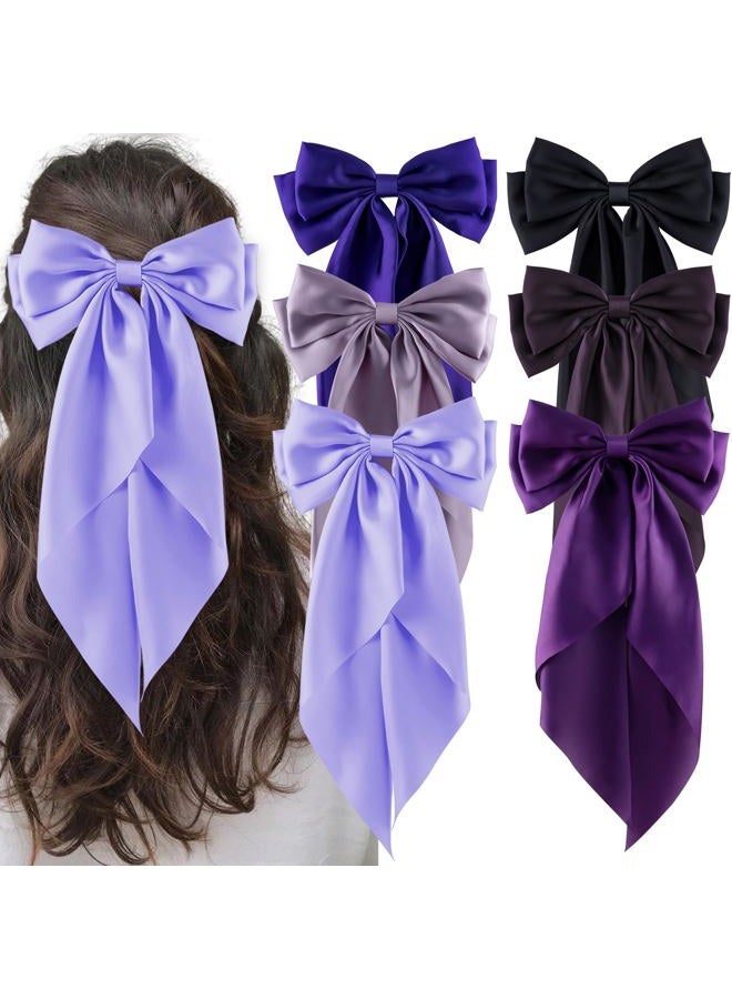 hisial 6Pcs Large Bows Hair Clips for Women Girls Long Tail Hair Ribbon Silky Satin Barrettes Coquette Bows Accessories (Black/Purple/Purplered) - Image 1