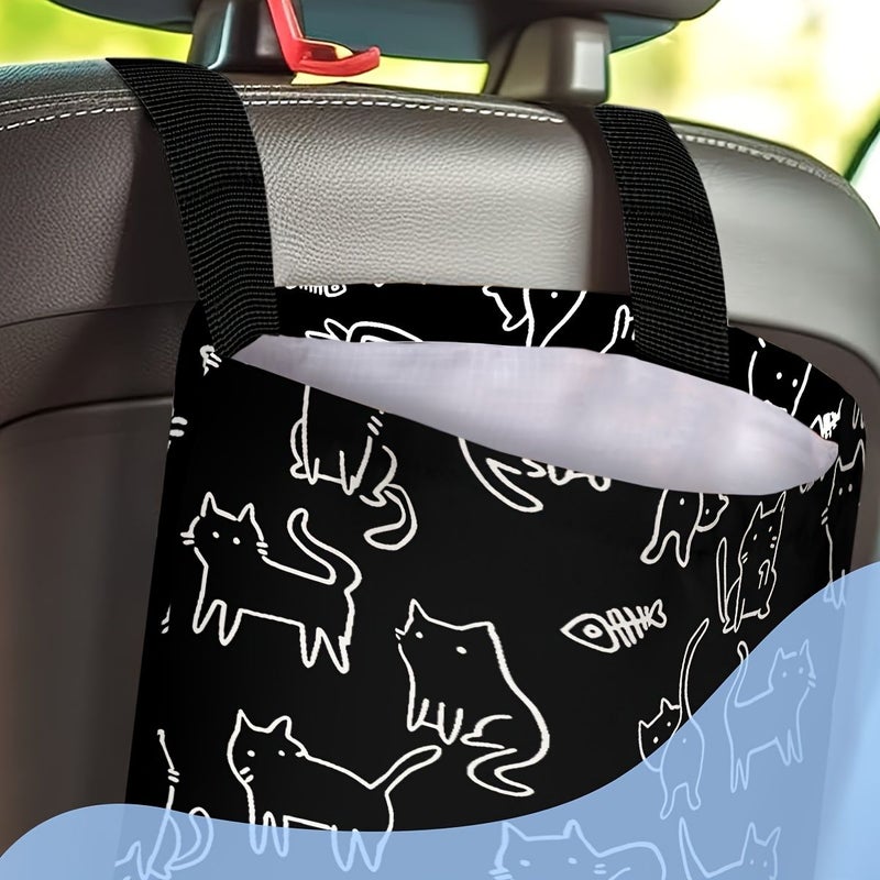 Car Vehicle Trash Bag With Black Cat Print Hanging On Back Seat For Camping And Travel - Image 4