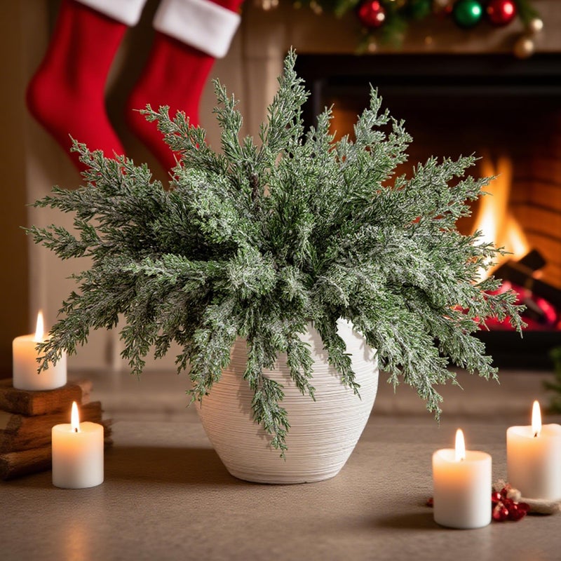 Watayo 10 Packs 16.5" Artificial Christmas Snow Pine Branches, Snow Flocked Faux Greenery Norfolk Pine Sprigs Cypress Stems, White Frosted Fake Foliage Pine Needle Picks for DIY Craft Garland Home Decor - Image 4