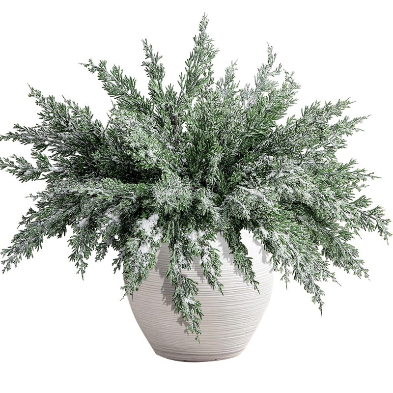 Watayo 10 Packs 16.5" Artificial Christmas Snow Pine Branches, Snow Flocked Faux Greenery Norfolk Pine Sprigs Cypress Stems, White Frosted Fake Foliage Pine Needle Picks for DIY Craft Garland Home Decor - Image 1