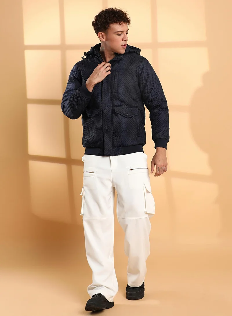 كامبوس سوترا Men's Navy Blue Self-Design Diamond Puffer Jacket With Fleece Hood