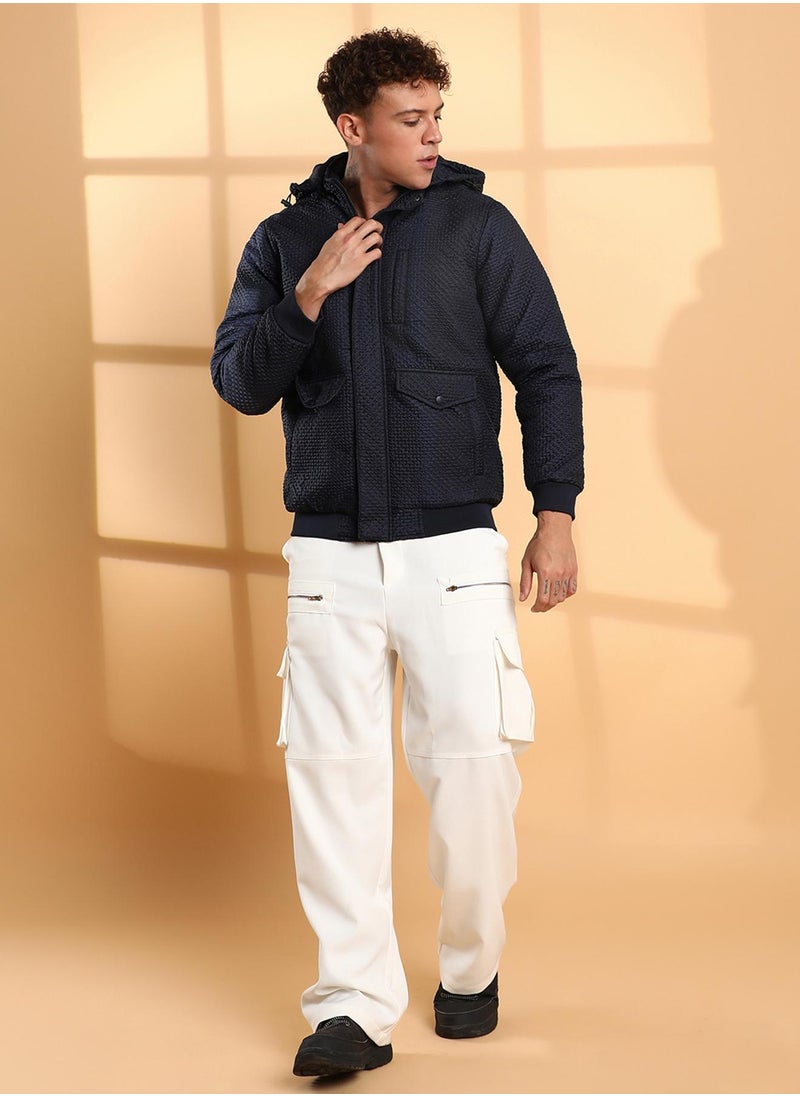 Campus Sutra - Men's Navy Blue Self-Design Diamond Puffer Jacket With Fleece Hood - Image 1