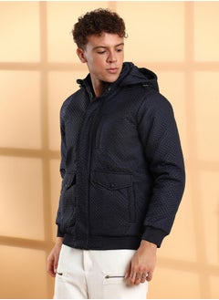 Campus Sutra Men's Navy Blue Self-Design Diamond Puffer Jacket With Fleece Hood  - Image 3