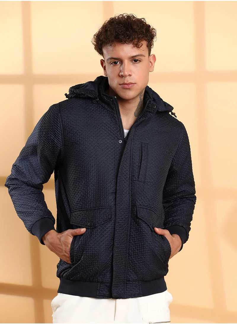 Campus Sutra Men's Navy Blue Self-Design Diamond Puffer Jacket With Fleece Hood