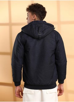 Campus Sutra Men's Navy Blue Self-Design Diamond Puffer Jacket With Fleece Hood  - Image 5
