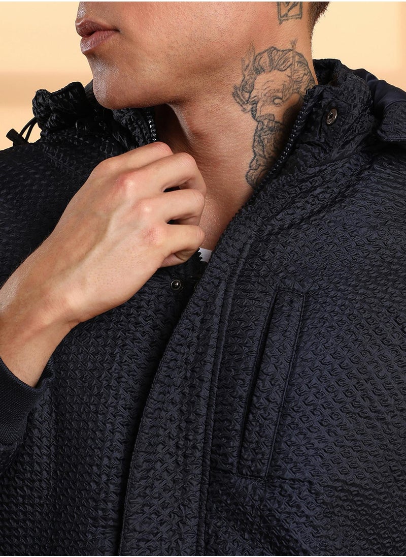 Campus Sutra - Men's Navy Blue Self-Design Diamond Puffer Jacket With Fleece Hood - Image 1