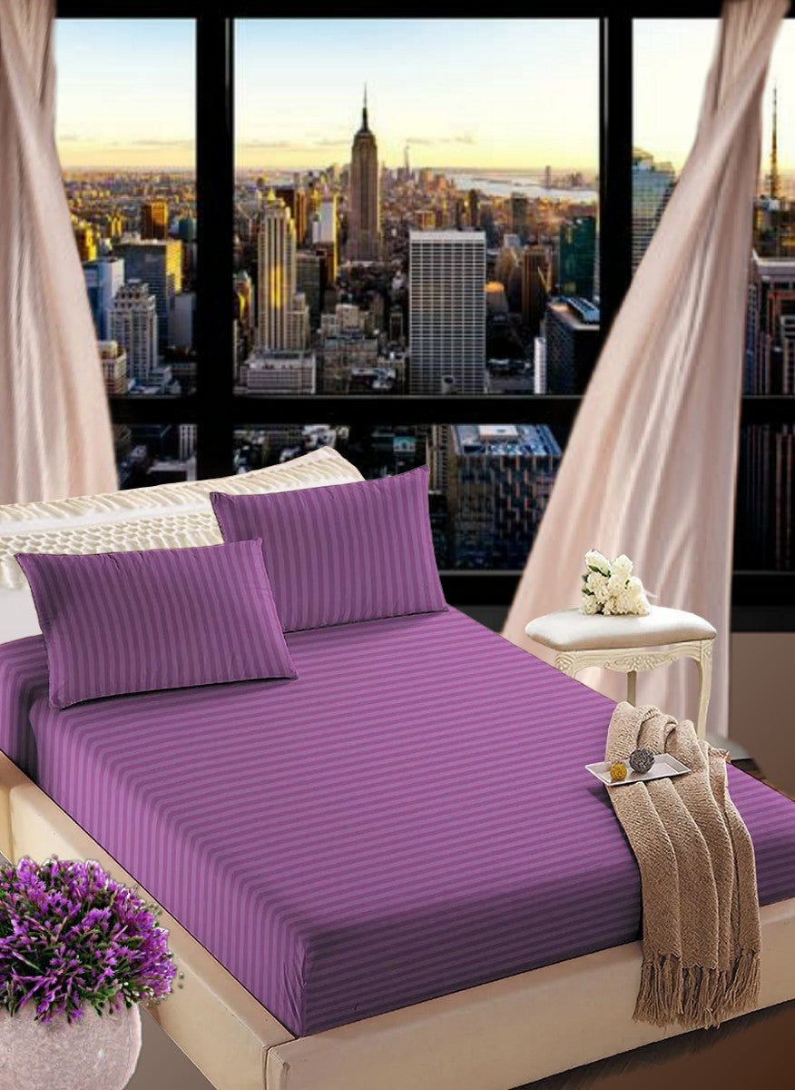 Blueberry Faded Purple Striped Cotton Bed Sheet Sets 3 Piece Set Deep Pocket 200x200+35cm 